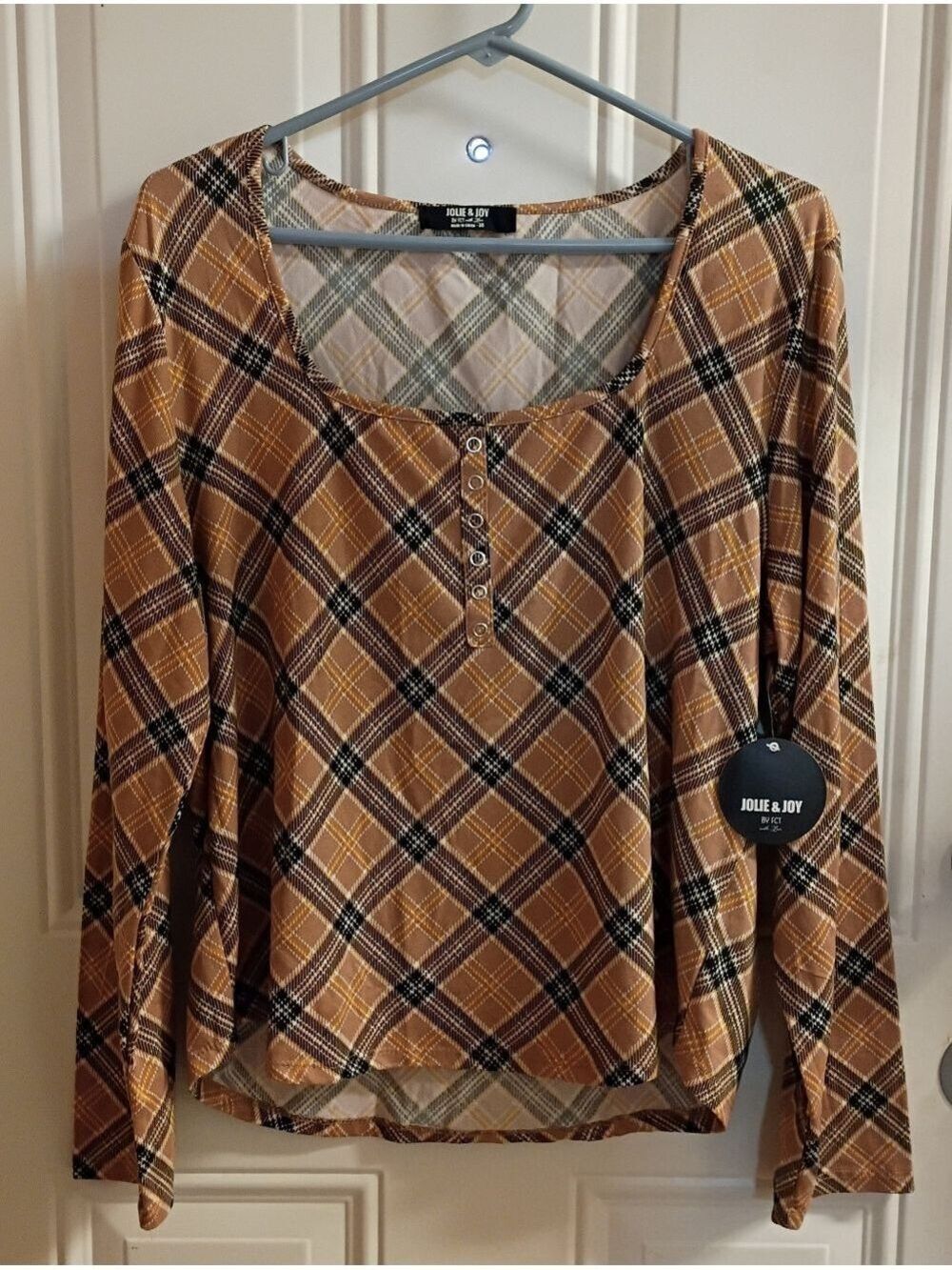 2/$10 Women's Tan Plaid Henley Long Sleeve Top Size 3x